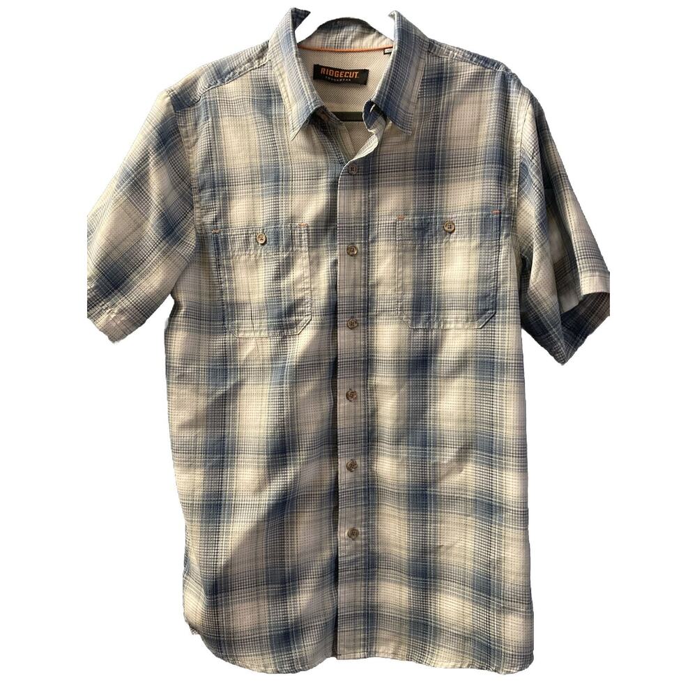 Ridgecut Toughwear Dress Shirt Mens Medium Blue Plaid Vented Polyester Button Up